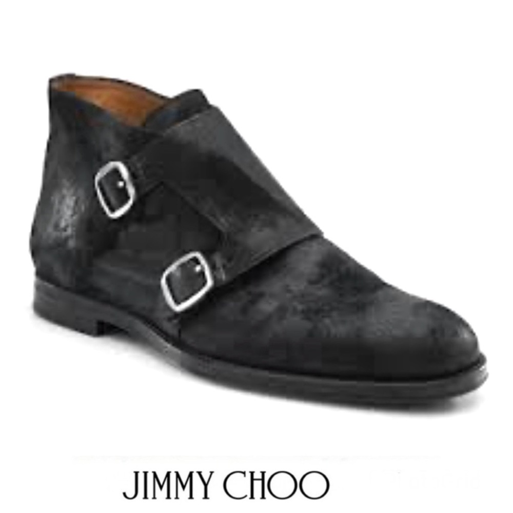 JIMMY CHOO Men Black Double Monk Strap Waxed Suede Leather Chukka Boots Sz 42